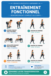 Femme en train de faire des exercices de force à la maison avec des poids.