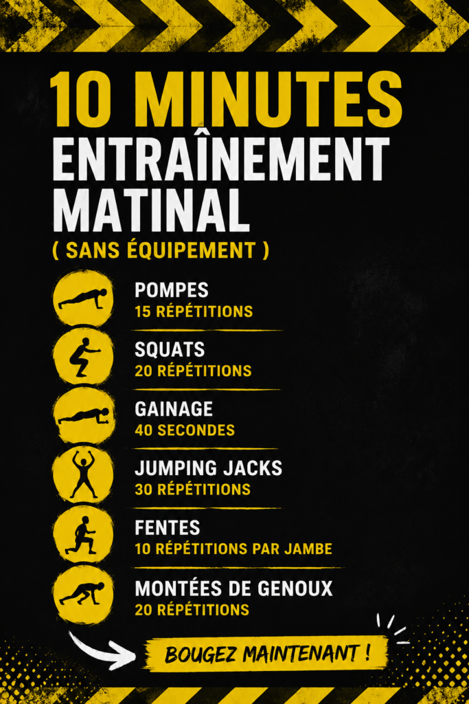 Femme en train de faire un entraînement matinal de 10 minutes sans équipement