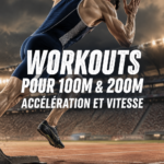 Femme s'entraînant au sprint sur une piste, se concentrant sur son accélération pour les épreuves de 100m et 200m.