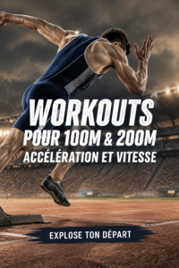 Femme s'entraînant au sprint sur une piste, se concentrant sur son accélération pour les épreuves de 100m et 200m.