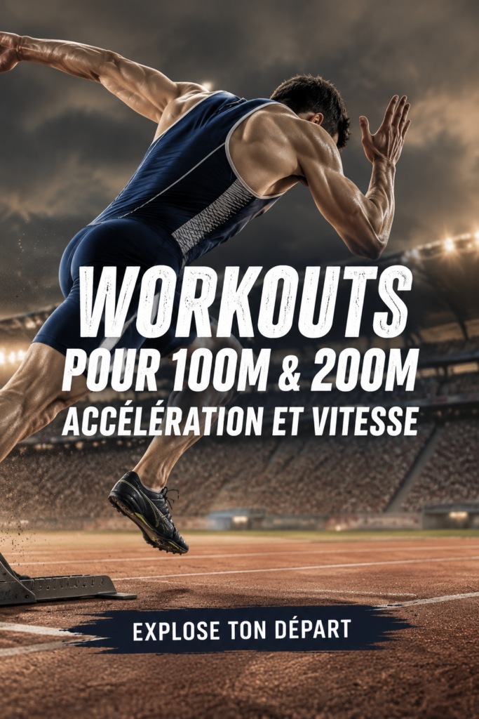 Femme s'entraînant au sprint sur une piste, se concentrant sur son accélération pour les épreuves de 100m et 200m.