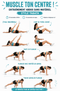 Femme en train de réaliser un exercice de gainage pour renforcer les abdos sans matériel.