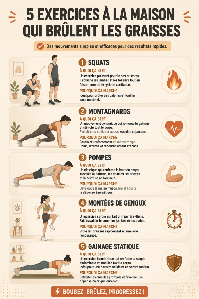 Femme réalisant des exercices de fitness à domicile pour brûler des graisses.
