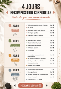 Femme en train de s'entraîner avec des poids, illustrant un programme de remise en forme de 4 jours