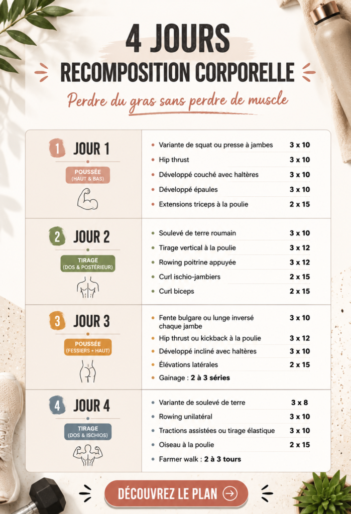 Femme en train de s'entraîner avec des poids, illustrant un programme de remise en forme de 4 jours