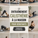 Femme s'exerçant à la calisthénie chez elle sur un tapis de sol, souriante et motivée.
