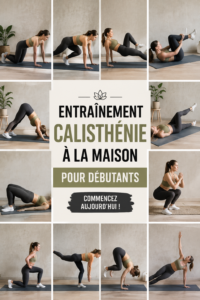 Femme s'exerçant à la calisthénie chez elle sur un tapis de sol, souriante et motivée.