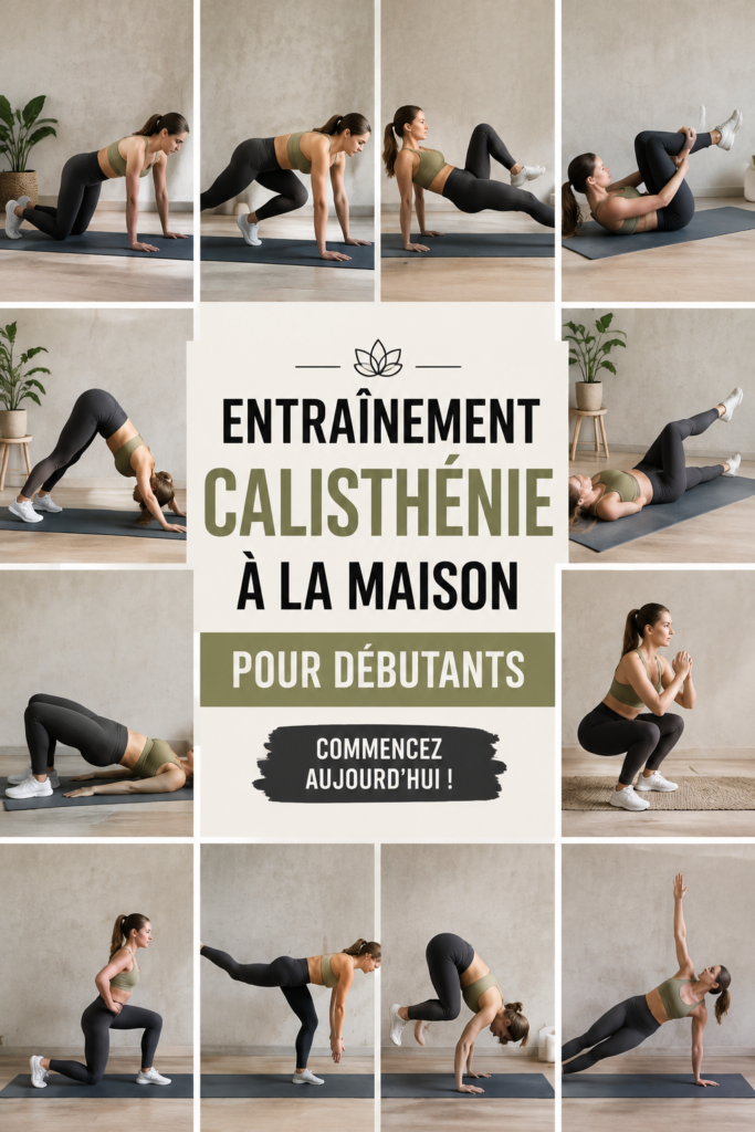 Femme s'exerçant à la calisthénie chez elle sur un tapis de sol, souriante et motivée.