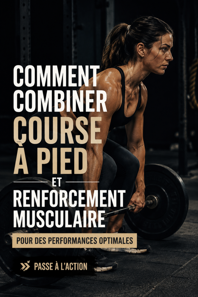 Femme courant tout en faisant des exercices de musculation, illustrant l'alliance entre course et renforcement.