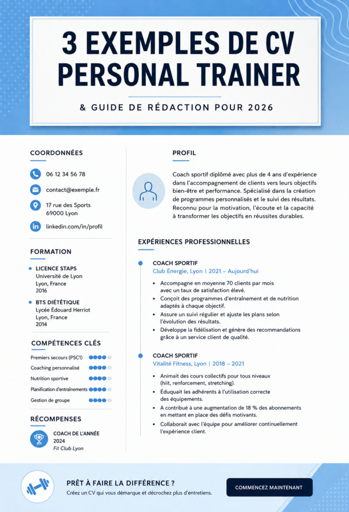 Exemple de CV de coach sportif attrayant avec mise en valeur des compétences.