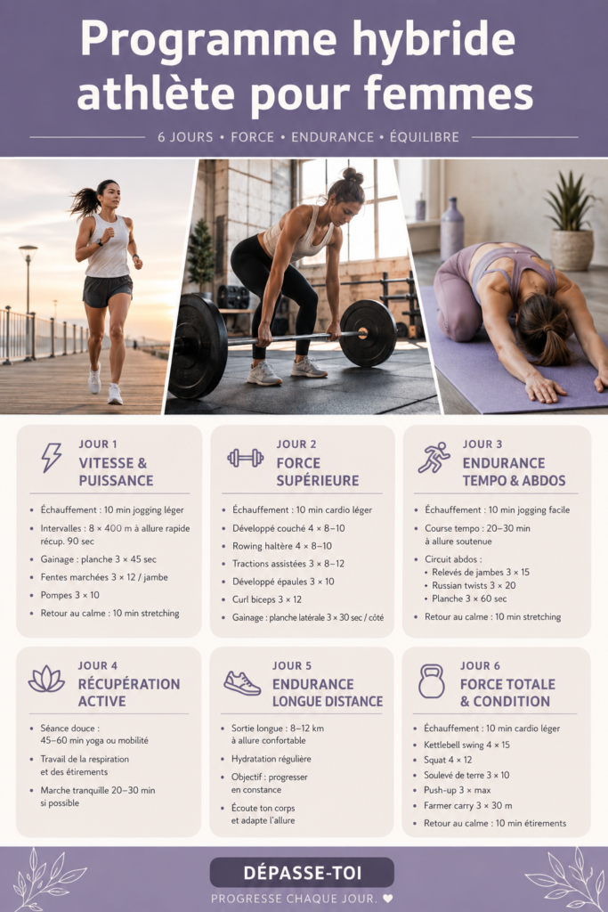 Femme en plein exercice de musculation et de cardio, représentant un entraînement hybride.