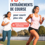 Femme courant sur un sentier, souriante et pleine d'énergie, illustrant un entraînement de course.