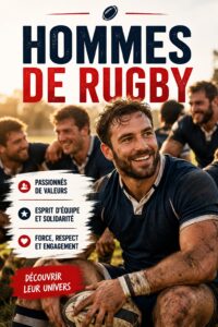 Hommes de rugby en action sur le terrain, illustrant force et détermination