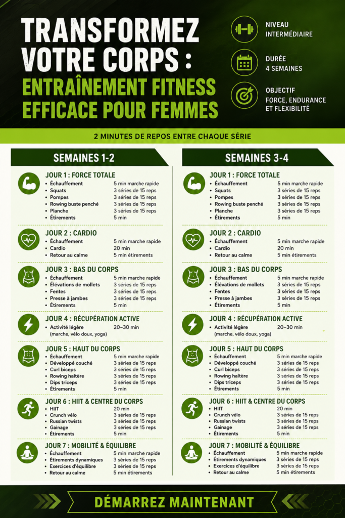 Femme faisant des exercices de fitness à domicile, transformant son corps avec un entraînement adapté.
