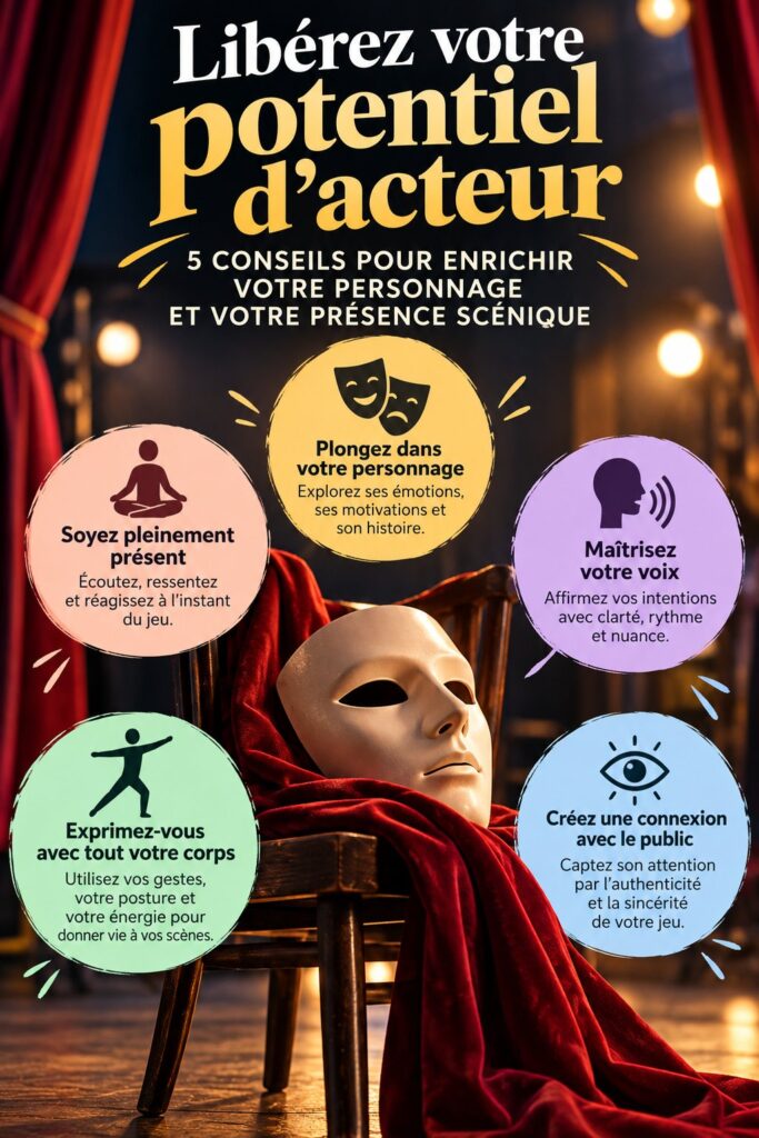 Actrice sur scène captivant le public avec une forte présence