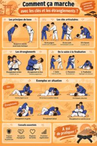 Femme en judogi avec une ceinture de judo, pratiquant des techniques de bandage.