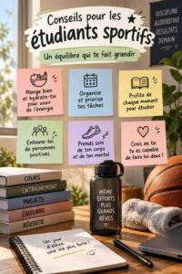 Une athlète étudiant s'entraîne tout en révisant ses cours, représentant l'équilibre études-sport.