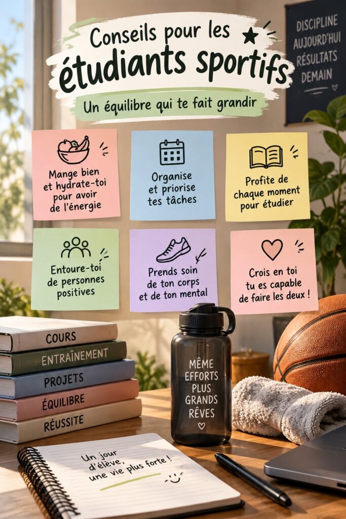 Une athlète étudiant s'entraîne tout en révisant ses cours, représentant l'équilibre études-sport.