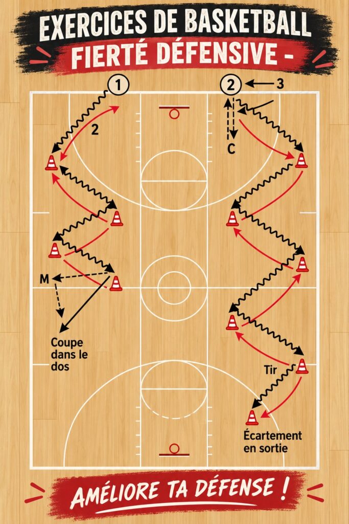 Joueuses de basketball en train de pratiquer des drills défensifs sur le terrain.