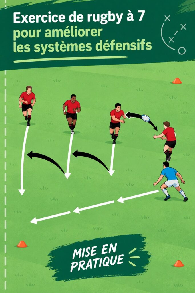 Femme faisant un drill de défense en rugby à VII, axée sur la technique et la communication d'équipe.