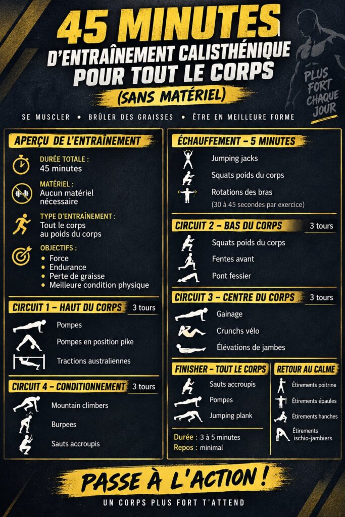 Femme faisant un entraînement complet à la maison sans poids, focus sur la force et le bien-être.