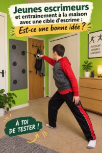 Un jeune escrimeur s'entraîne au sabre dans un espace aménagé à la maison.