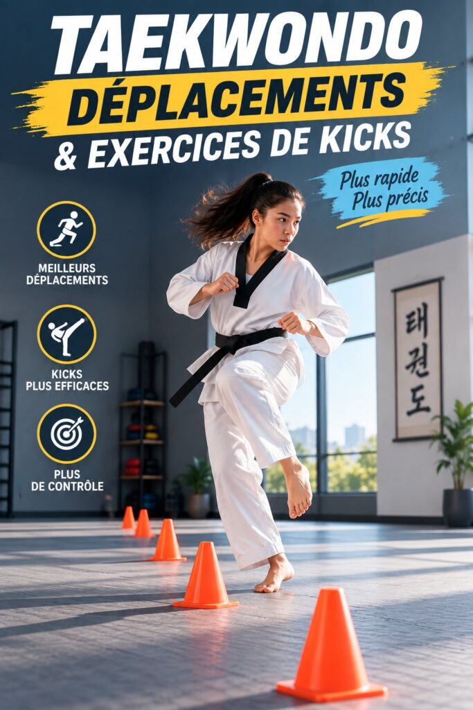 Femme pratiquant des exercices de Taekwondo avec des cônes en plein entraînement