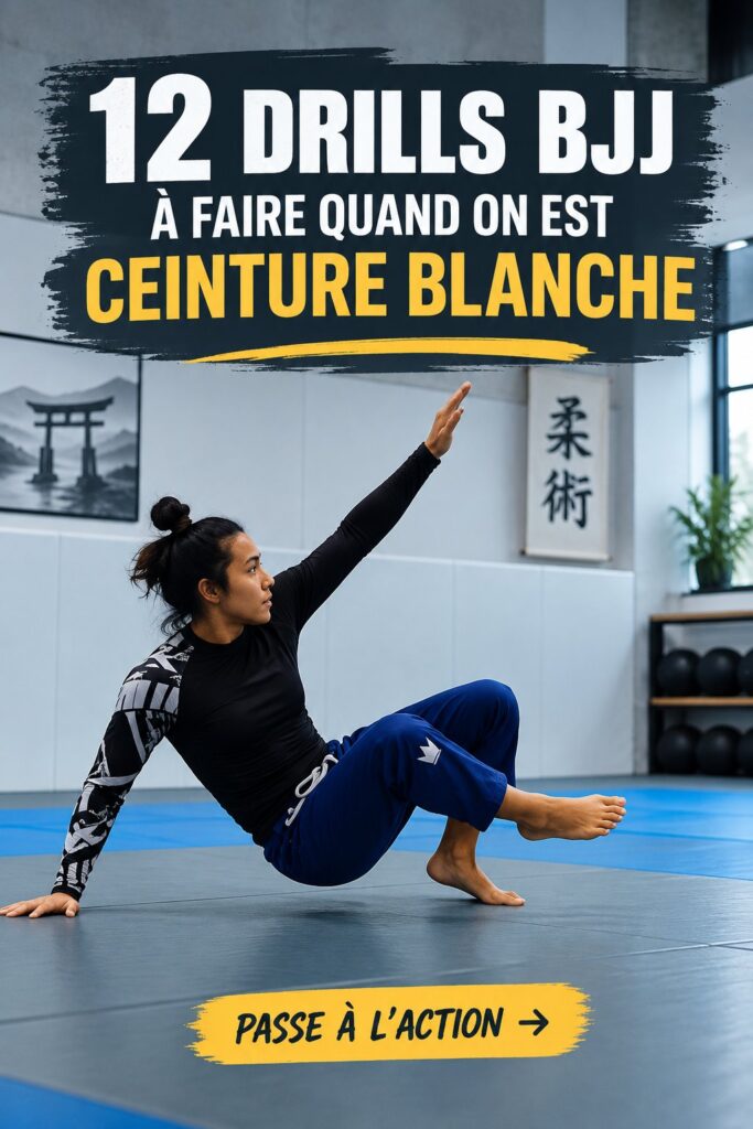 Femme pratiquant un drill de jiu-jitsu au dojo, mettant en avant sa technique.