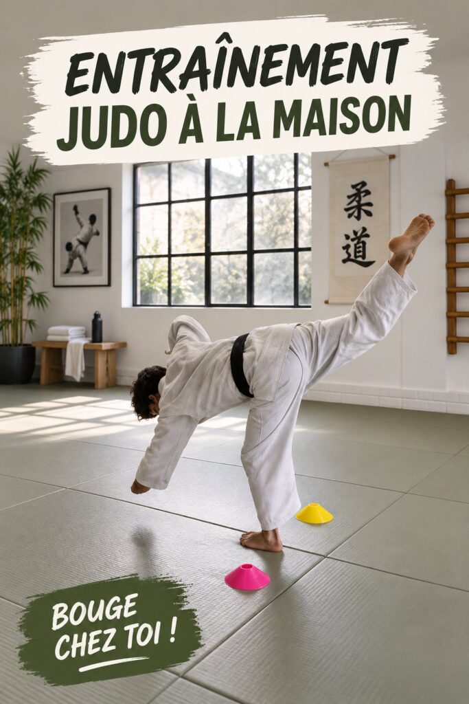 Femme entraînant des techniques de judo à la maison sur un tapis.