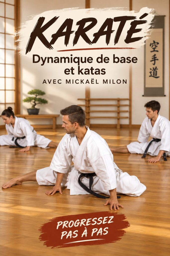 Une femme pratiquant le karaté sur un tatami avec concentration.