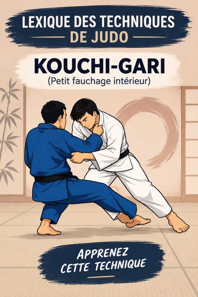Technique de judo Kouchi-gari démontrée par une judokate sur le tatami.