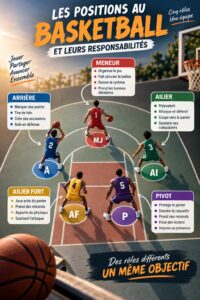 Un groupe de joueuses de basketball en train de discuter des positions sur le terrain