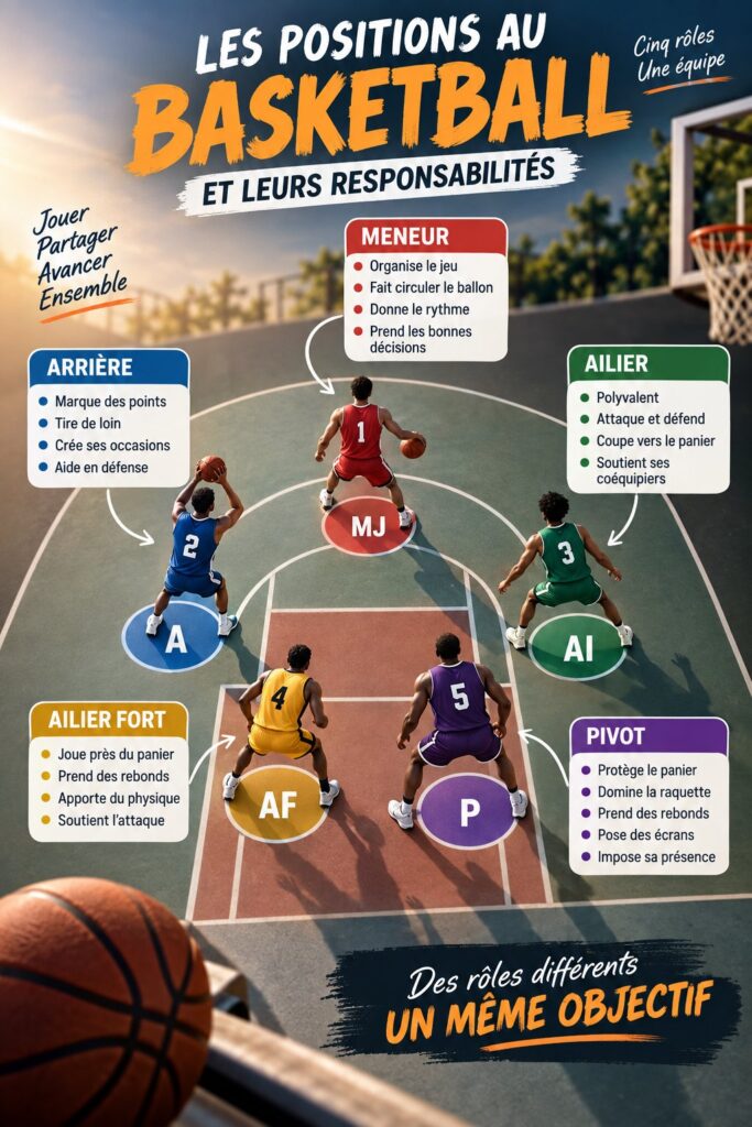 Un groupe de joueuses de basketball en train de discuter des positions sur le terrain
