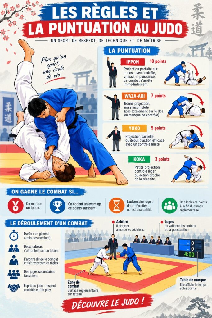Femme pratiquant le judo sur un tatami, illustrant l'importance des règles et de la notation.