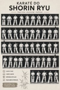 Femme s'entraînant au Shorin Ryu Karate Do, montrant concentration et sérénité.