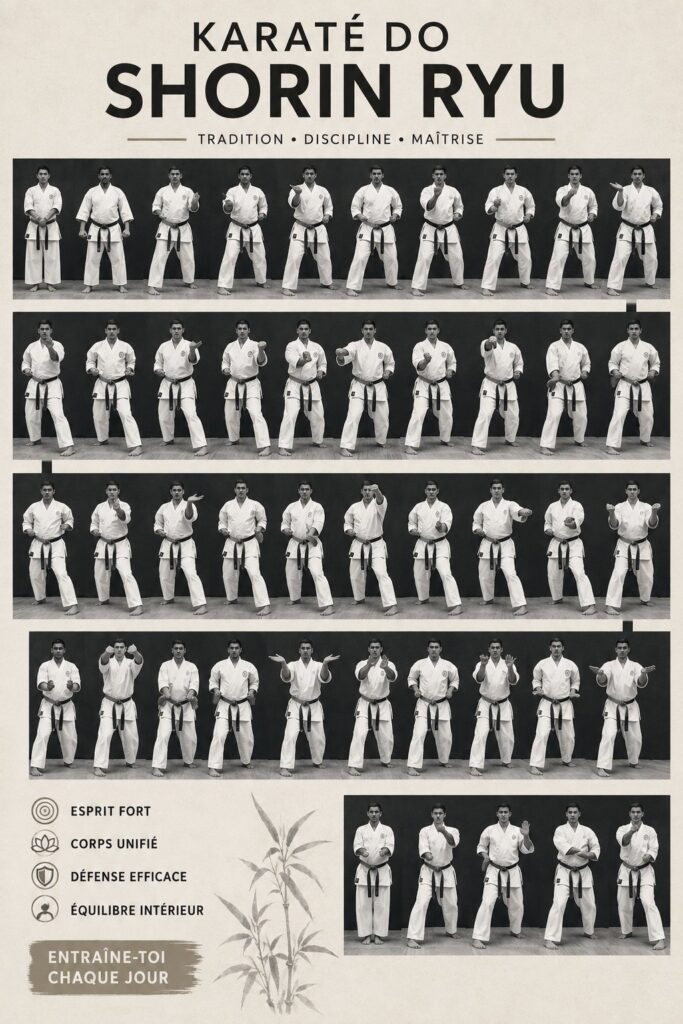 Femme s'entraînant au Shorin Ryu Karate Do, montrant concentration et sérénité.