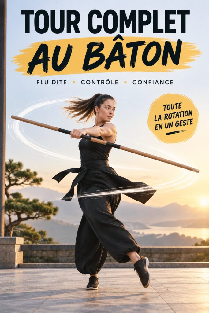 Femme pratiquant un spin complet avec un bo staff durant un entraînement de fitness.