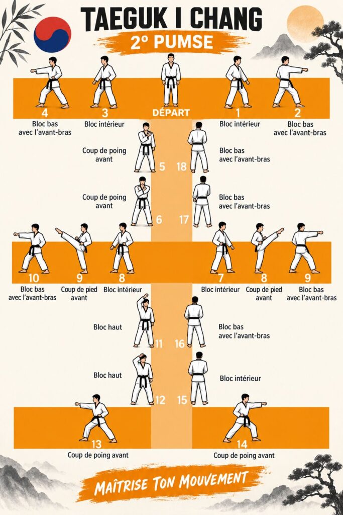 Jeune femme pratiquant le Taeguk I Chang, 2° Pumse de Taekwondo sur un tatami.