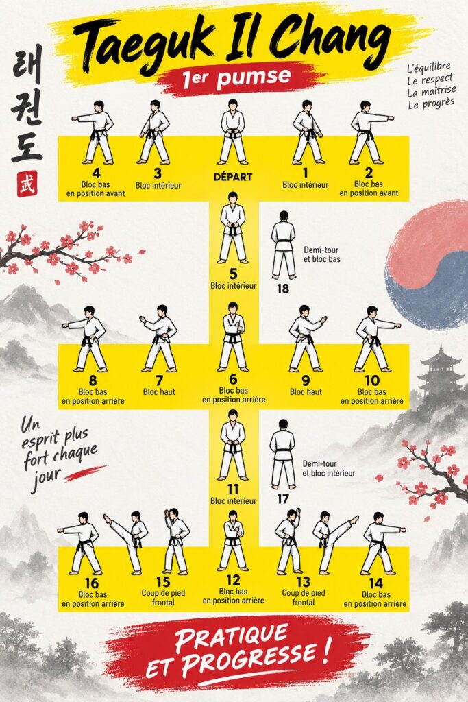 Démonstration de Taeguk Il Chang en Taekwondo, mettant en avant les mouvements fluides et la posture correcte.