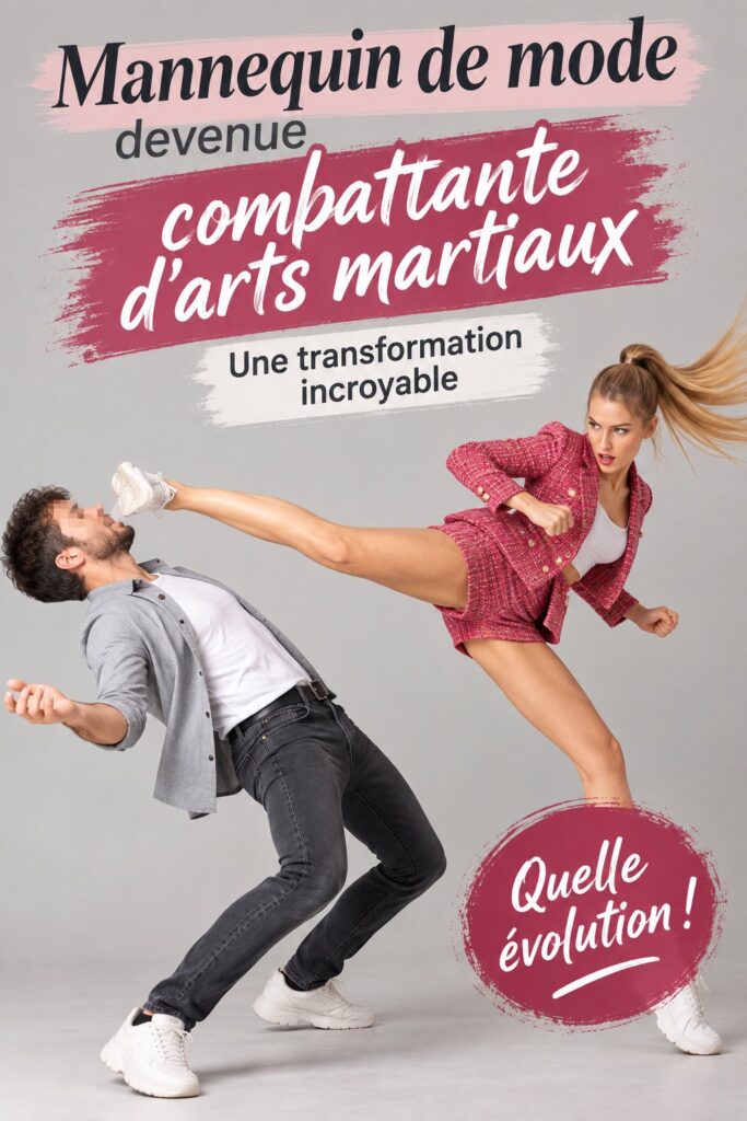 Image d'une mannequin se transformant en combattante d'arts martiaux, montrant la force et la détermination.
