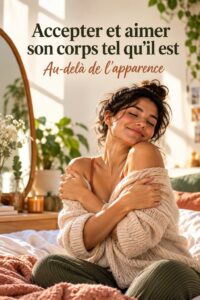 Femme souriante en plein bonheur, acceptant son corps tel qu'il est.