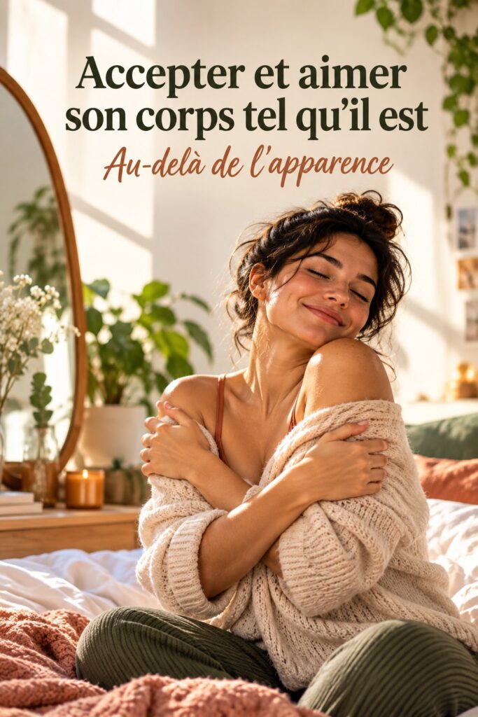 Femme souriante en plein bonheur, acceptant son corps tel qu'il est.