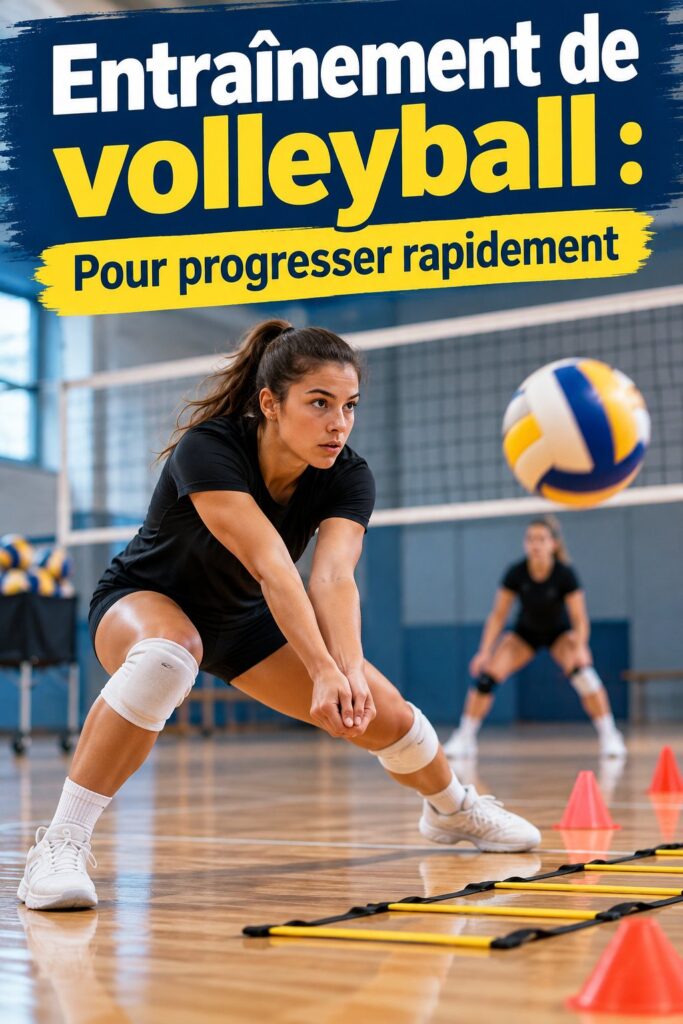 Femme s'entraînant au volleyball sur un terrain avec des exercices de conditionnement physique.