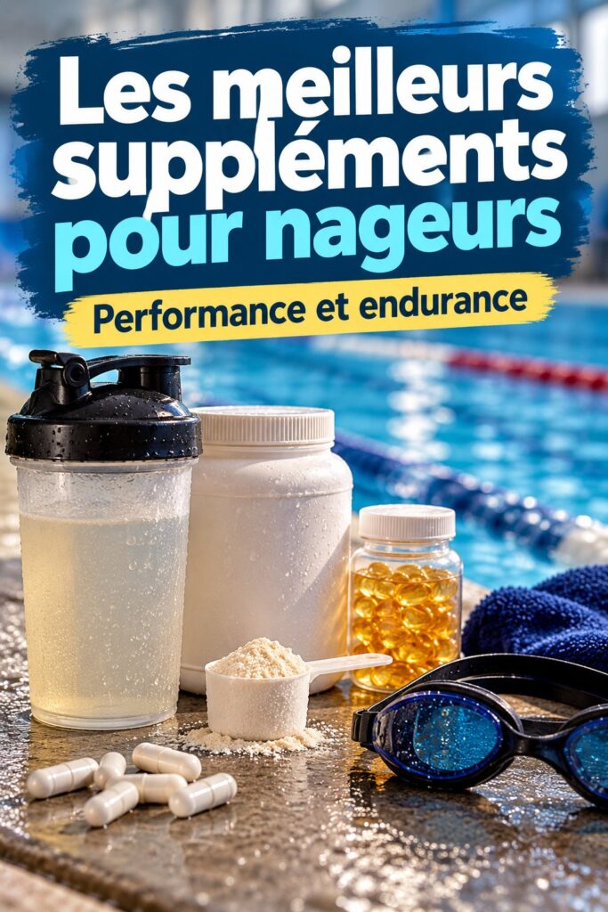 Nageuse en action avec des compléments alimentaires sur la table.
