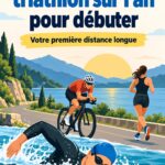 Femme en train de s'entraîner pour un triathlon au bord d'un lac.
