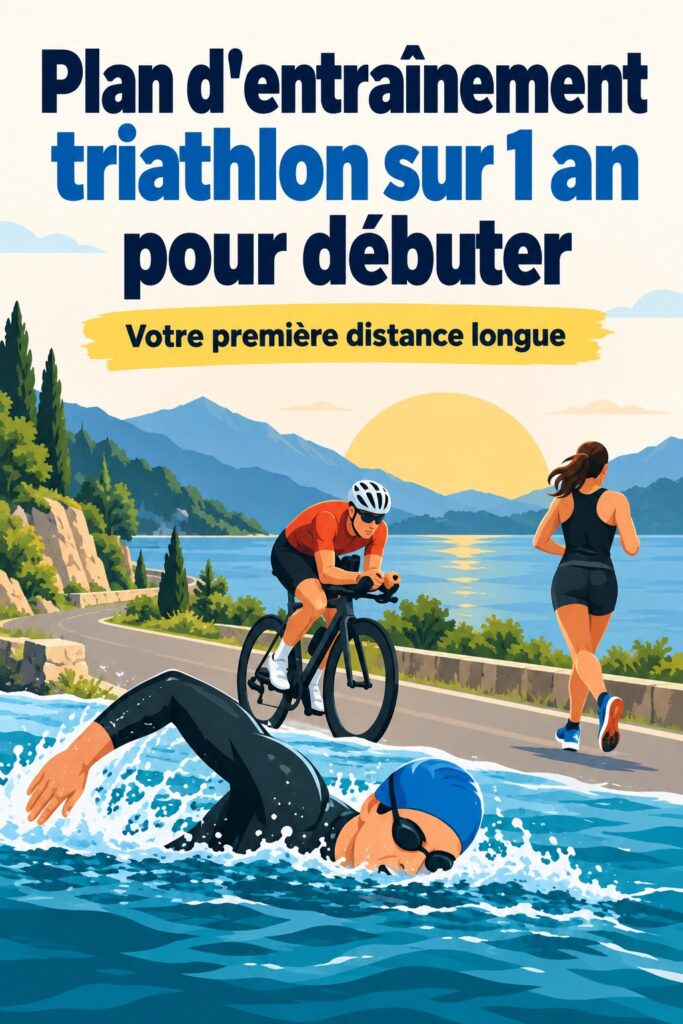 Femme en train de s'entraîner pour un triathlon au bord d'un lac.