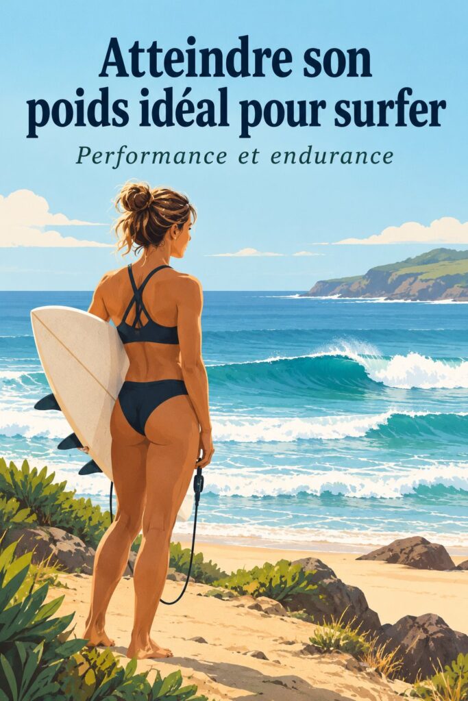 Une femme surfe sur une belle vague, illustrant la recherche du poids idéal pour le surf.