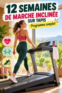 Femme rayonnante marchant sur un tapis incliné dans un cadre chaleureux, illustrant un programme de fitness.