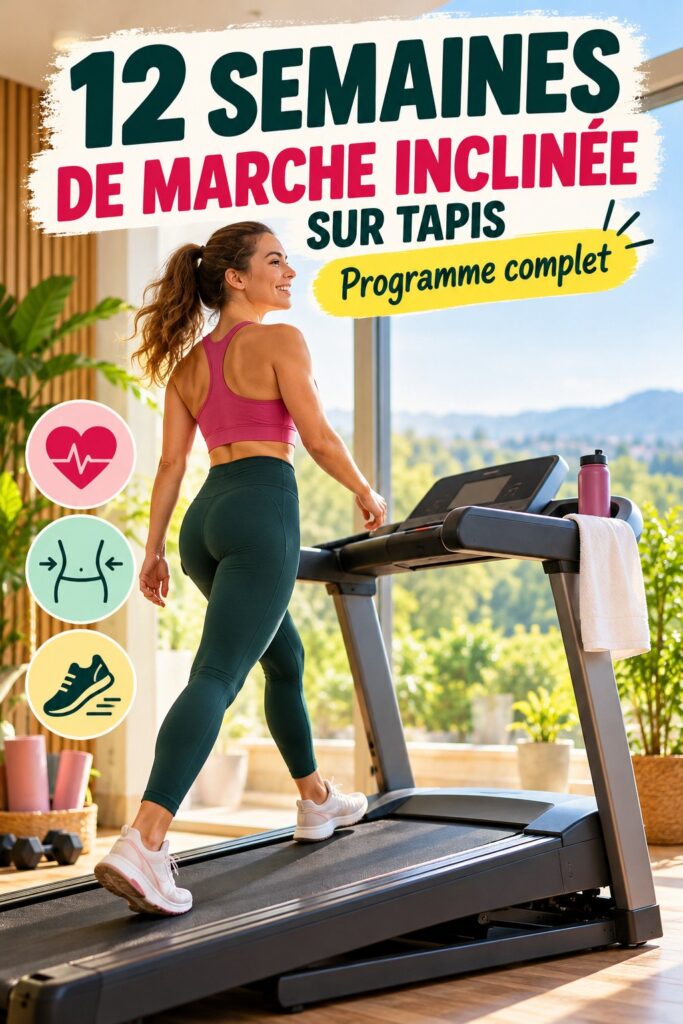 Femme rayonnante marchant sur un tapis incliné dans un cadre chaleureux, illustrant un programme de fitness.