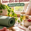 Des éléments de bien-être disposés sur une table, incluant des fleurs, des bougies et des outils de relaxation